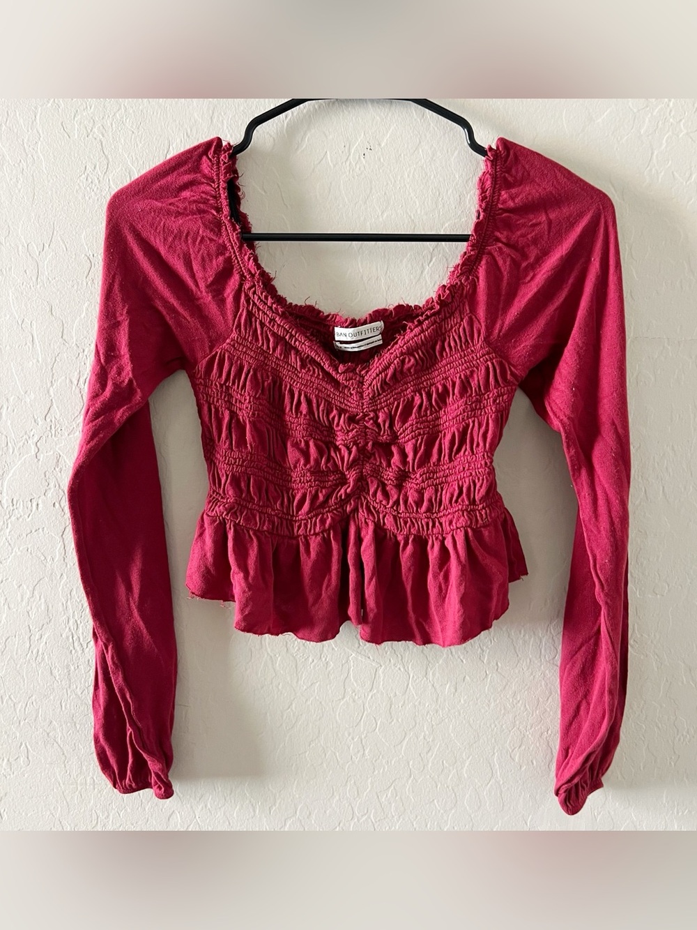 Urban Outfitters Deep Red Smocked Peplum Long Sleeve Top